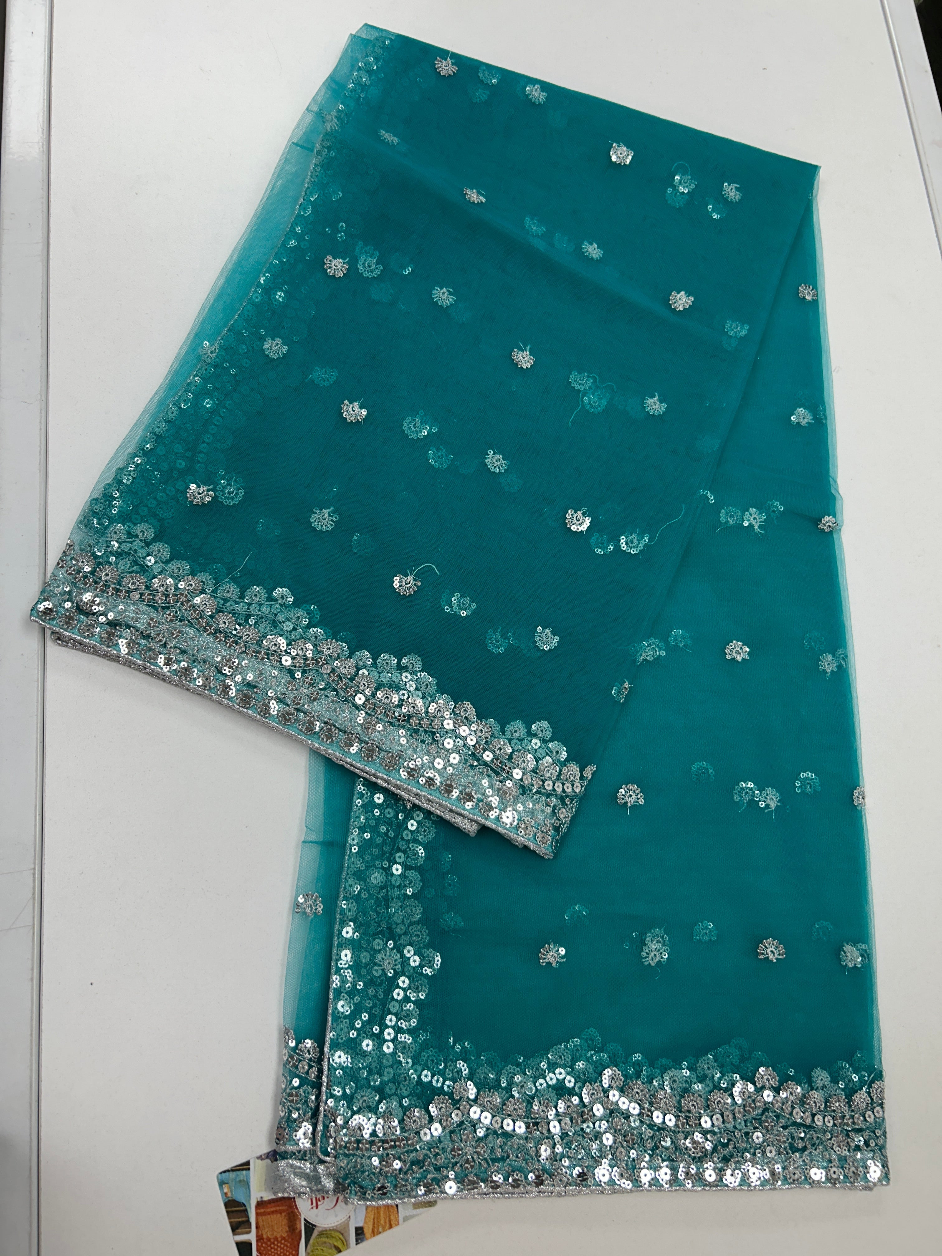Blue net duppata with silver sequence  work