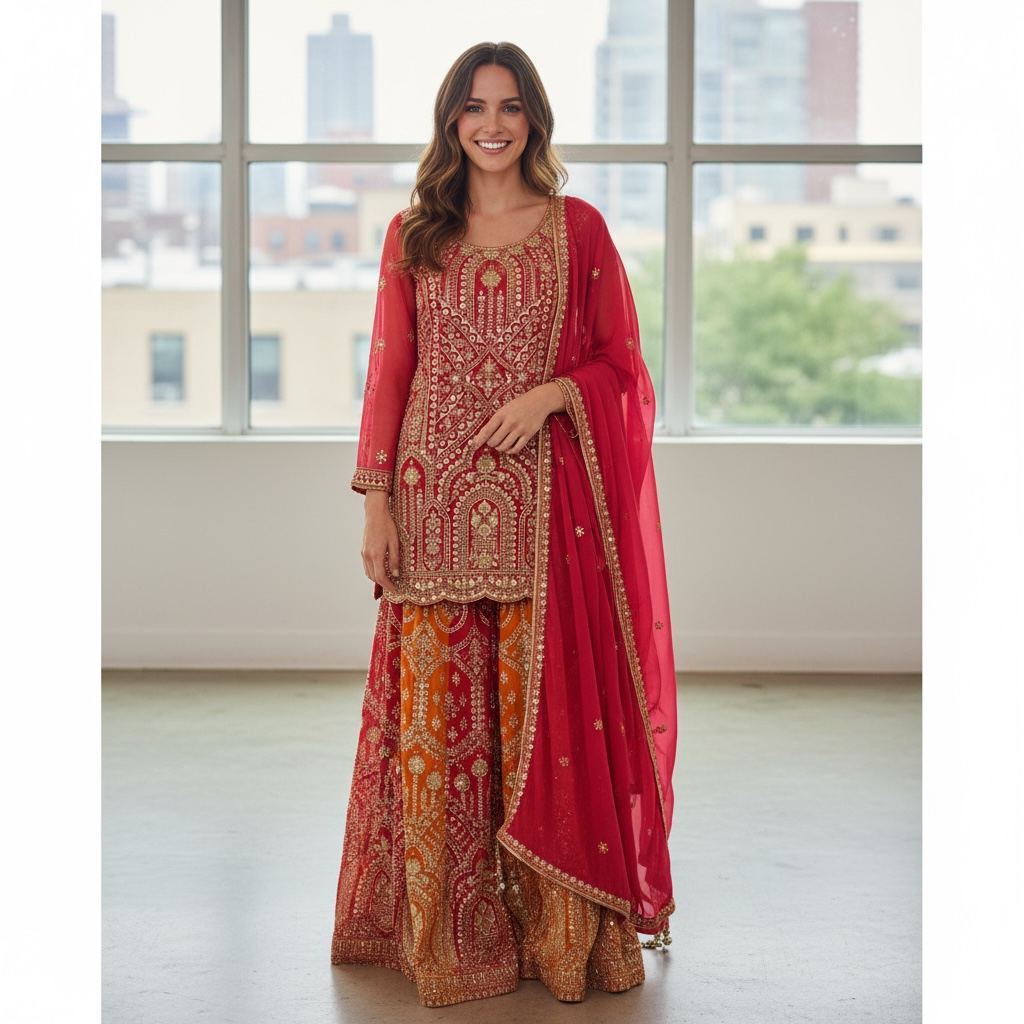 Dark pink sharara suit with heavy work
