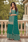Chinon silk sharara suit : teal blue