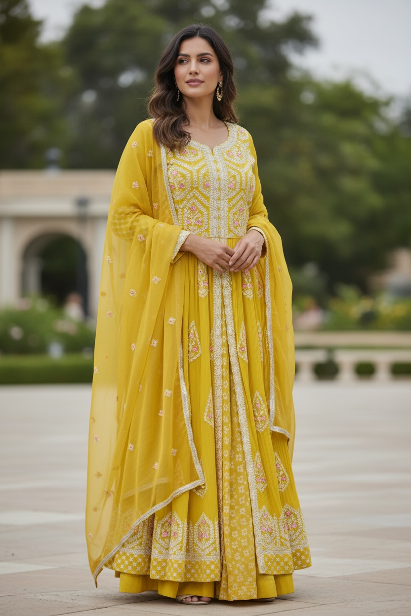 Front slit long party wear kurti with lehenga