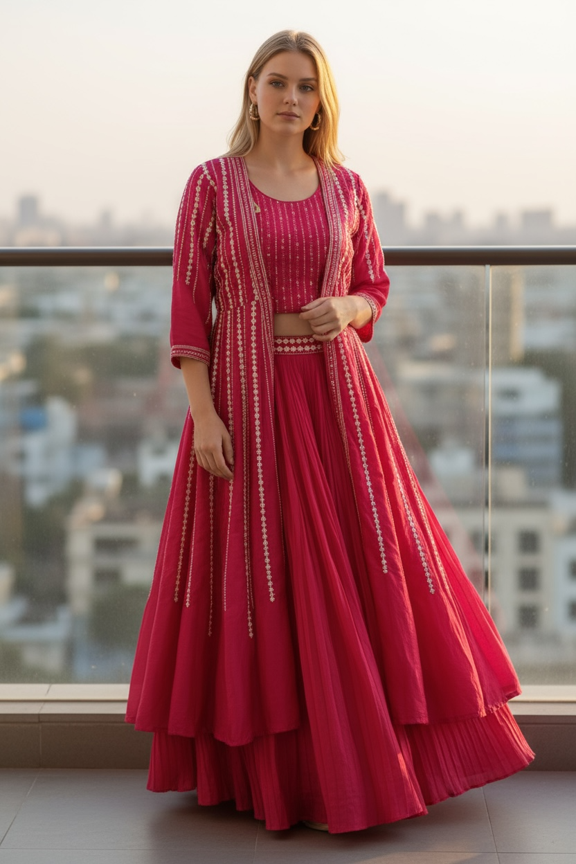 Dark pink Lehenga Choli set with long jacket