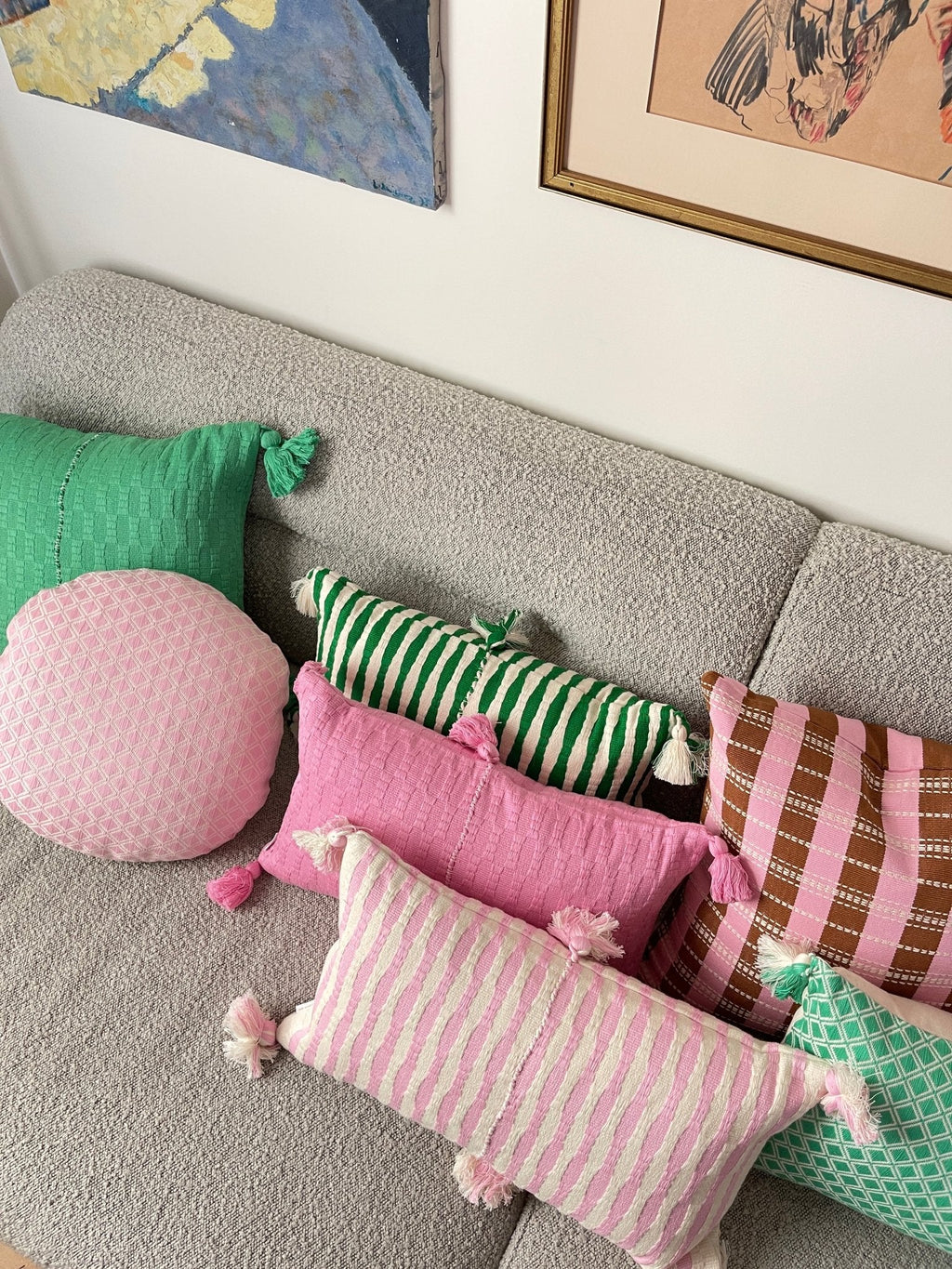 Santiago Grid Pillow - Baby Pink and Umber
