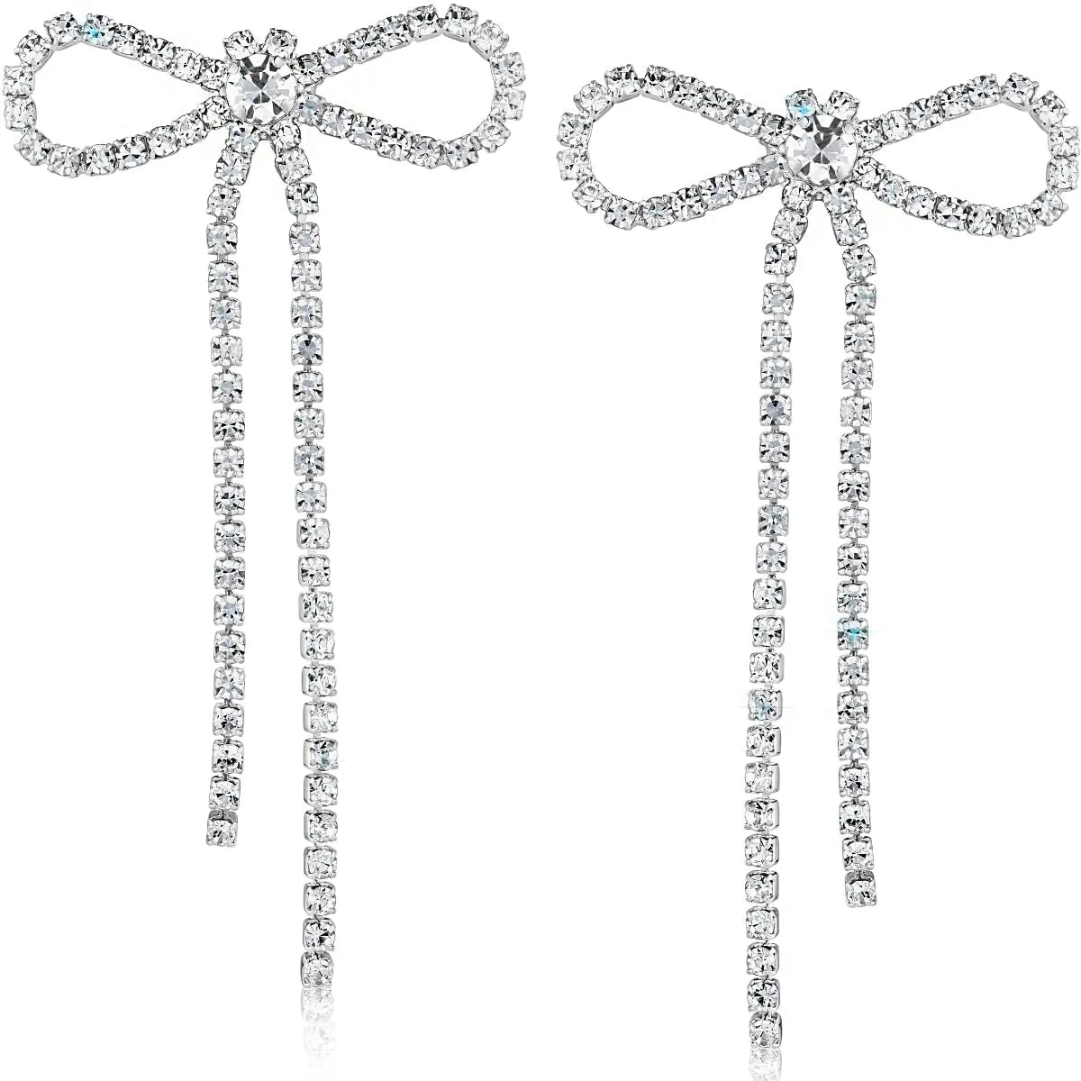 Sparkly Dangling Silver Bow Long Silver Earrings