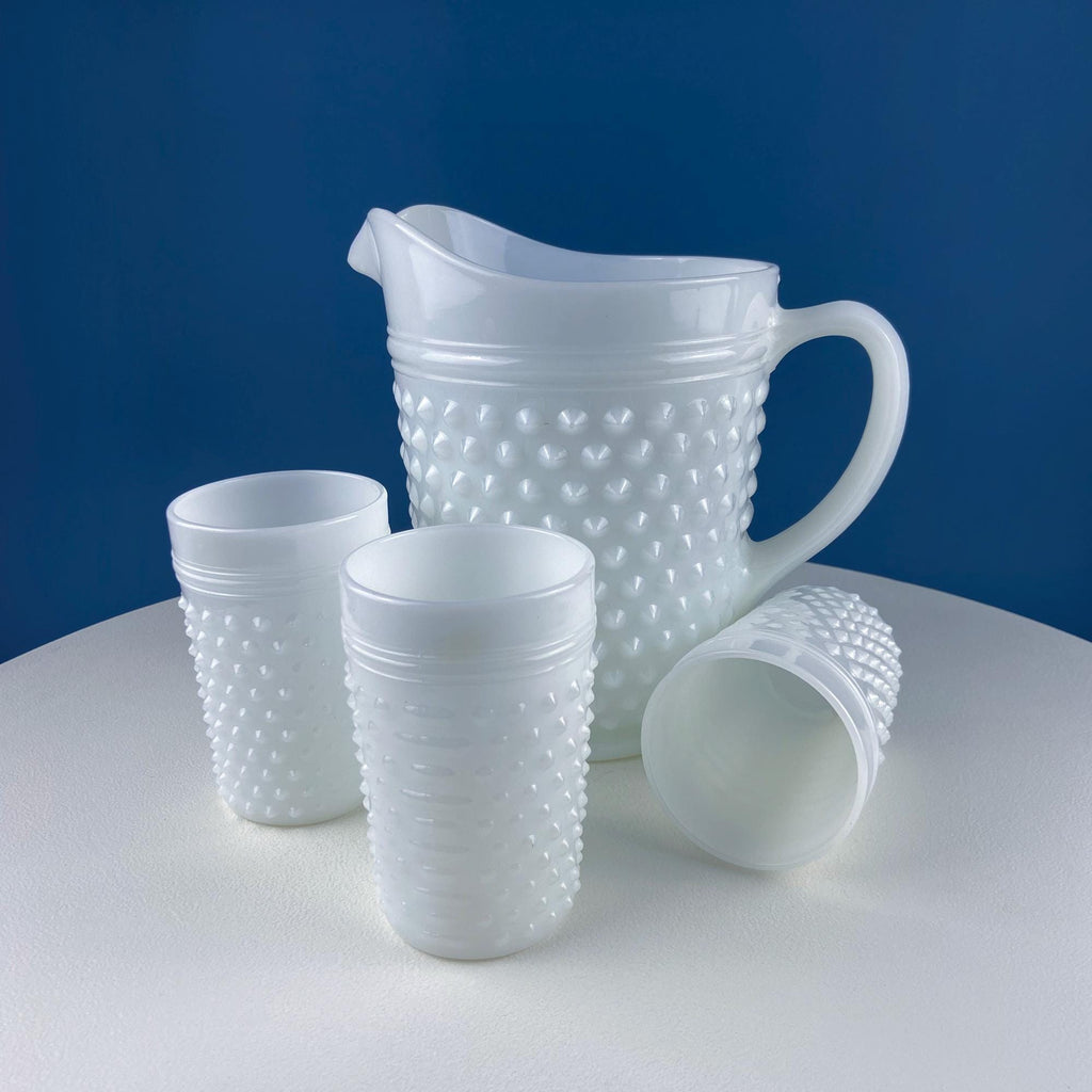 Large Milk Glass Pitcher with Hobnail Pattern and 3 Matching Tall Glasses. Juice Punch Milk Water Jug. Dining Room Decor. Lemonade Stand.