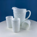 Large Milk Glass Pitcher with Hobnail Pattern and 3 Matching Tall Glasses. Juice Punch Milk Water Jug. Dining Room Decor. Lemonade Stand.