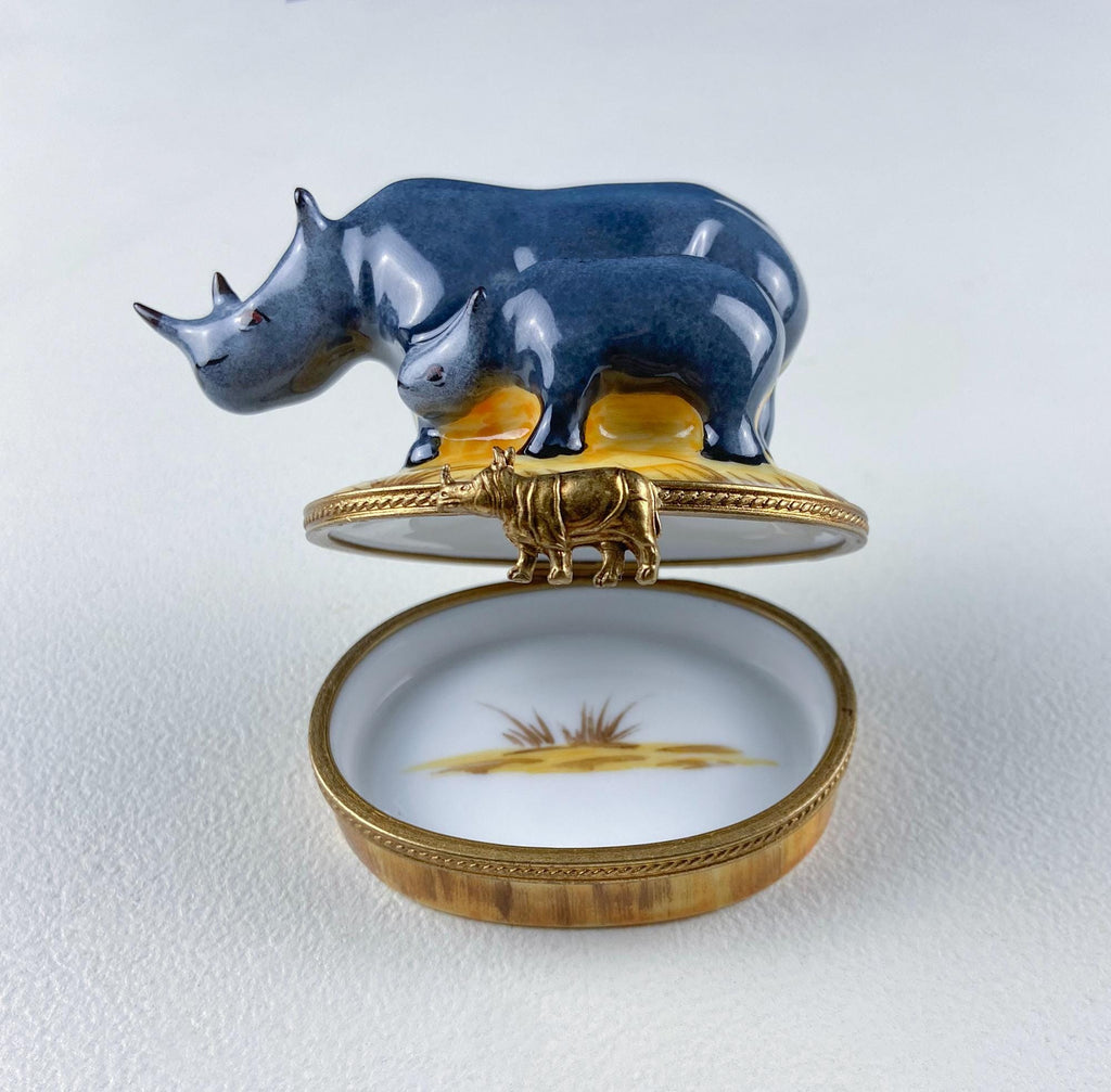 Mom and Baby Rhinos Vintage Retired Limoges Miniature Box. Collectible Porcelain & Brass Trinket Ring Pill Box. African Safari Design.
