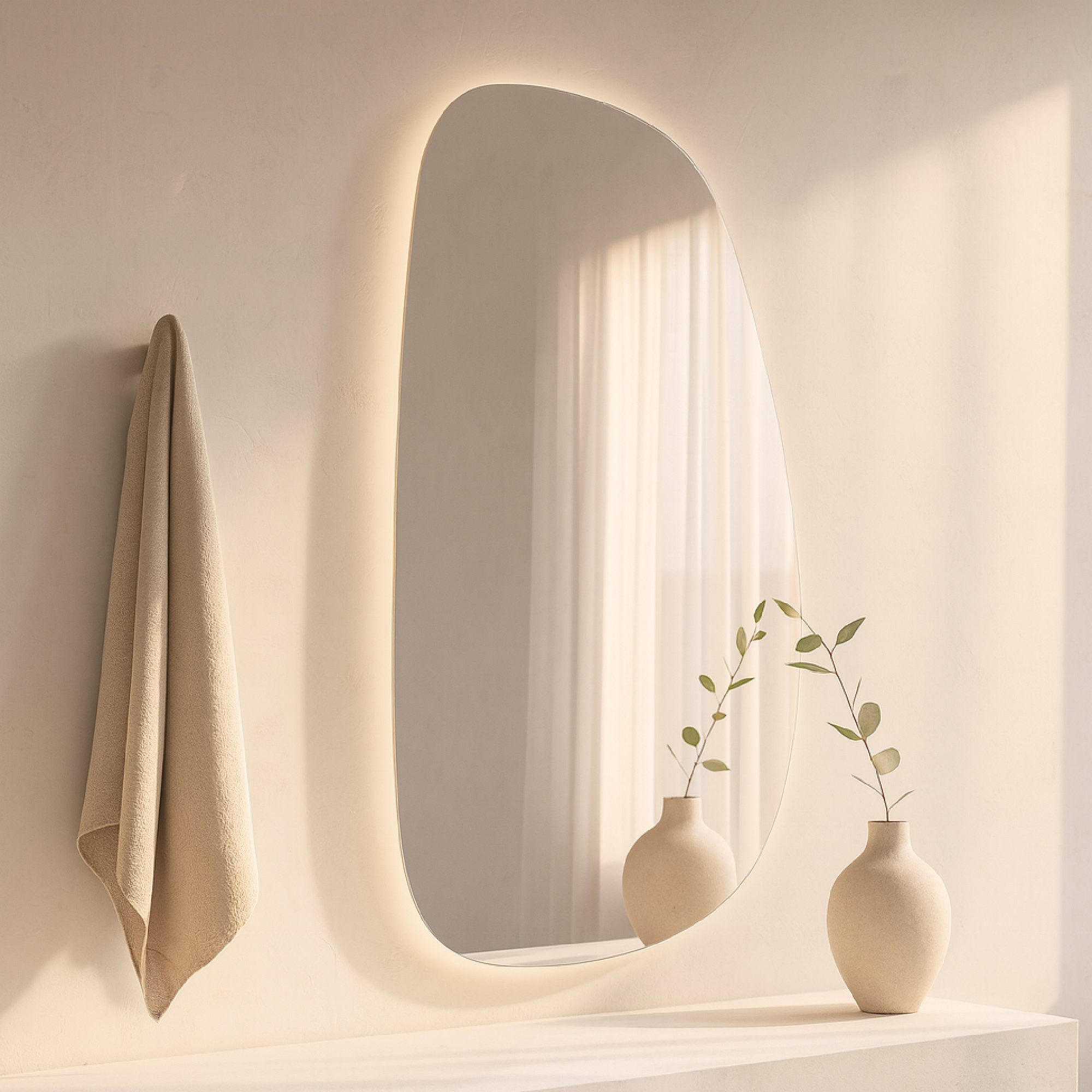 LED Bathroom Mirror Asymmetrical Design – Modern Backlit Wall Mirror with Dimmable Warm & Cool Light