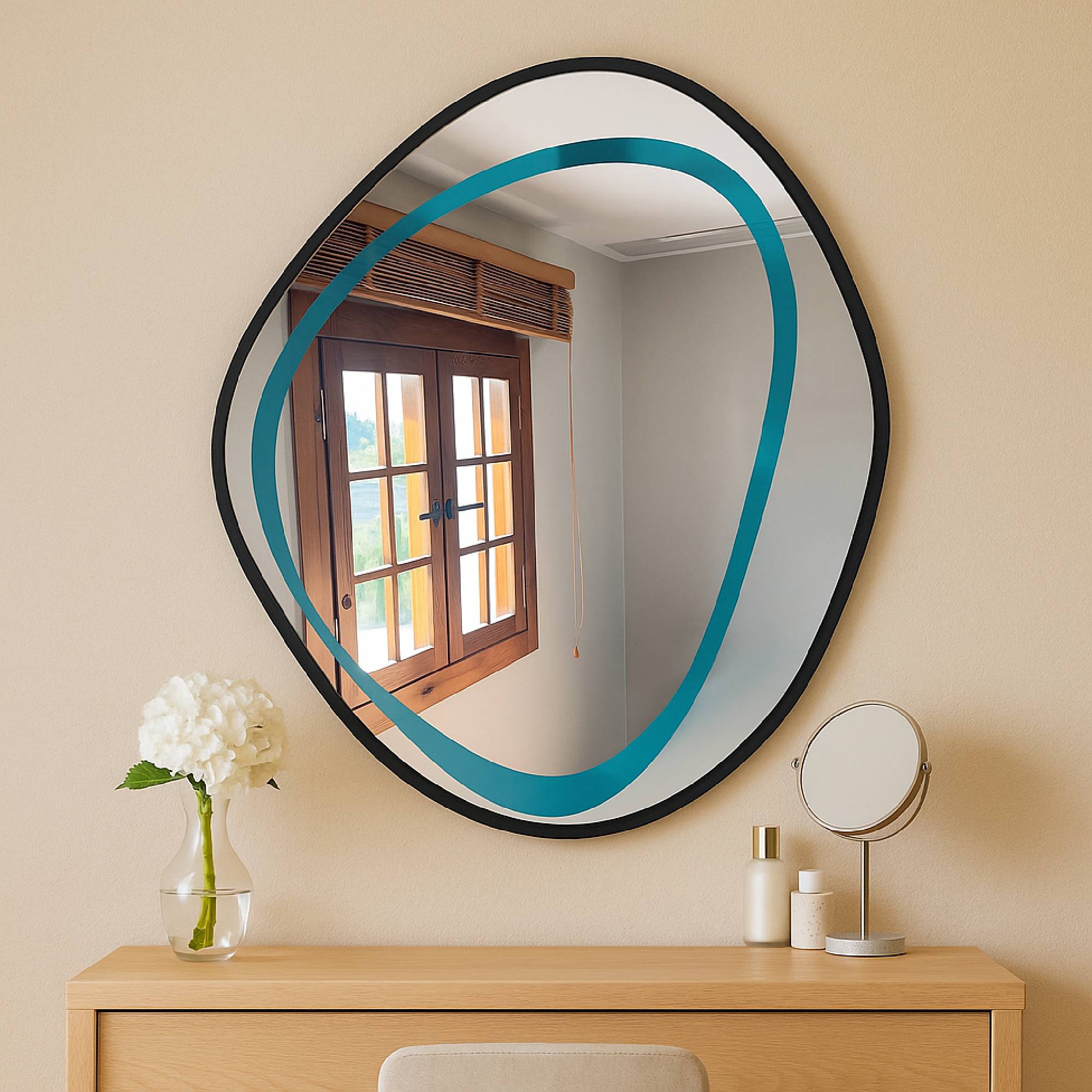 Modern Irregular Wall Mirror – Wavy Round Wooden Frame Mirror |Decorative Bathroom & Living Room Mirror