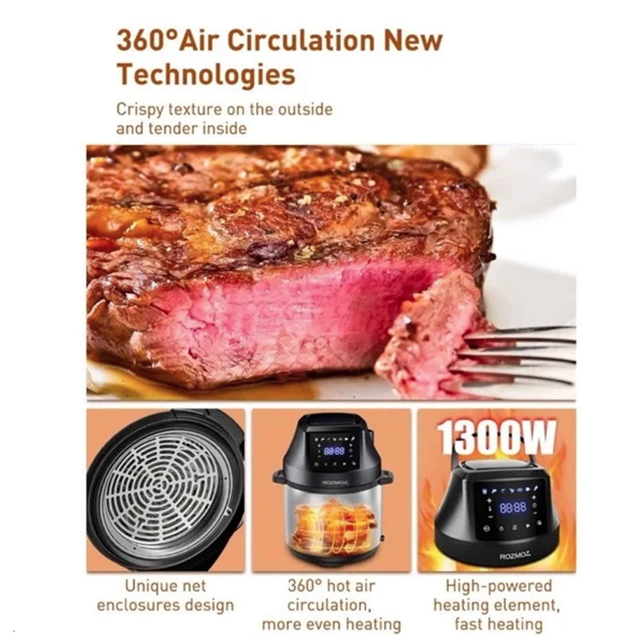 Rozmoz roaster pressure cooker air fryer instant pot lid black 6 Qt