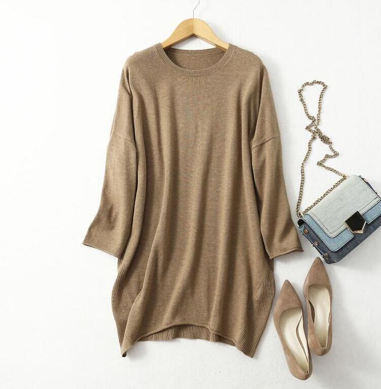 Women's 85% Silk 15% Cashmere Crew Neck Long Loose Type Pullover Top Sweater Dress LY001
