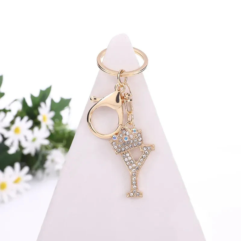 Luxury Crown 26 Letter Metal Keyring Fashion Rhinestone Keychain