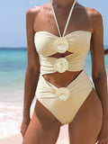 In-X Bride Swimwear 2023 New Women Beige One Piece Swimsuit Bikini Push Up Halter Swimwear Flower High Waist Bathing Suit Ladies