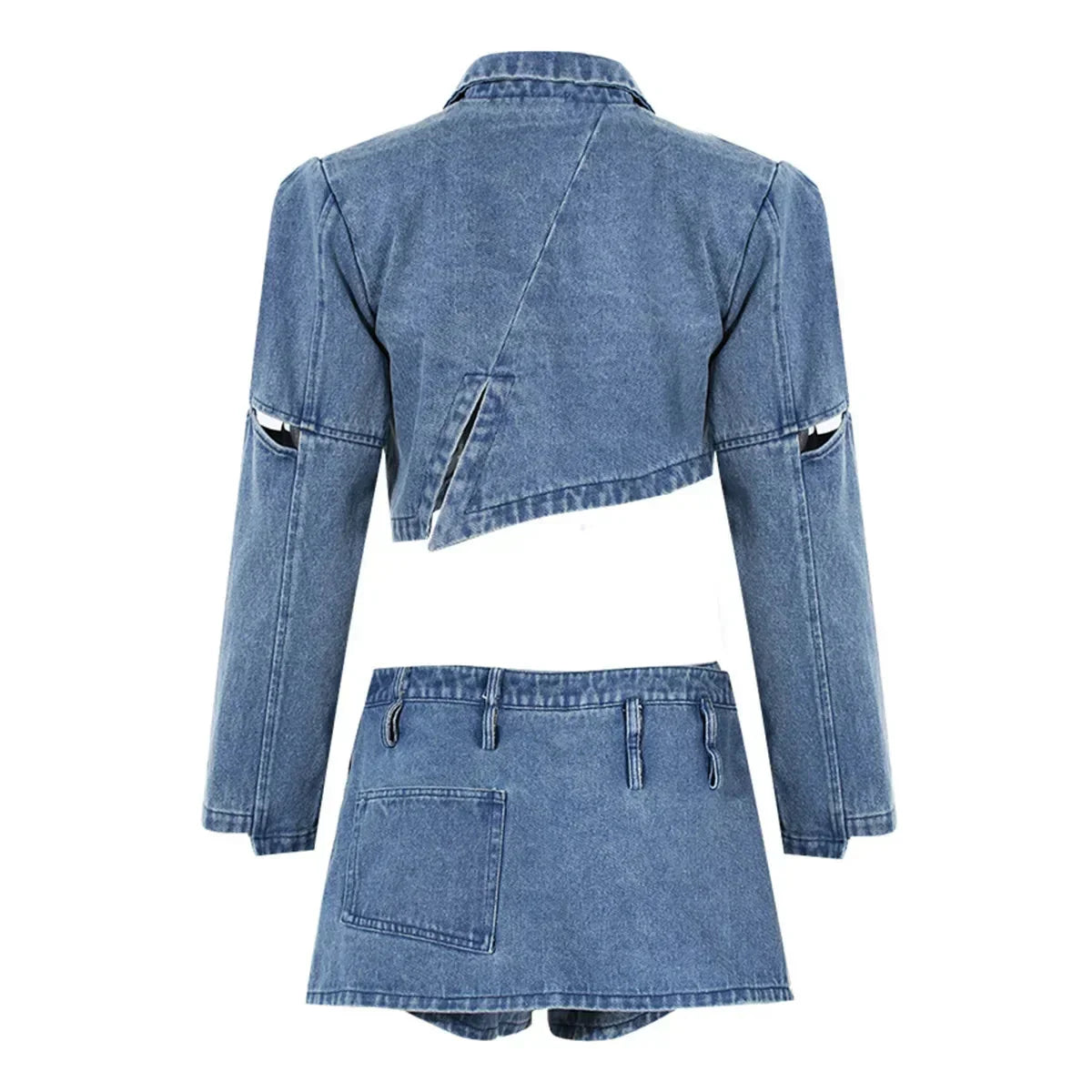 New Casual Spring Fashion Denim Jeans Jacket Mini Skort 2 Piece Set Clothing Solid Color Matching Set Women Two Piece Skirt Set