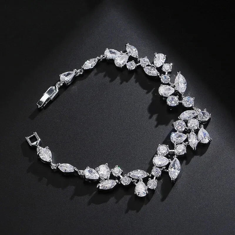 Uilz Luxury Leaf Shaped Bracelet White Gold Color AAA Cubic Zirconia Bracelets Gift for Women Prom Evening Party Jewelry