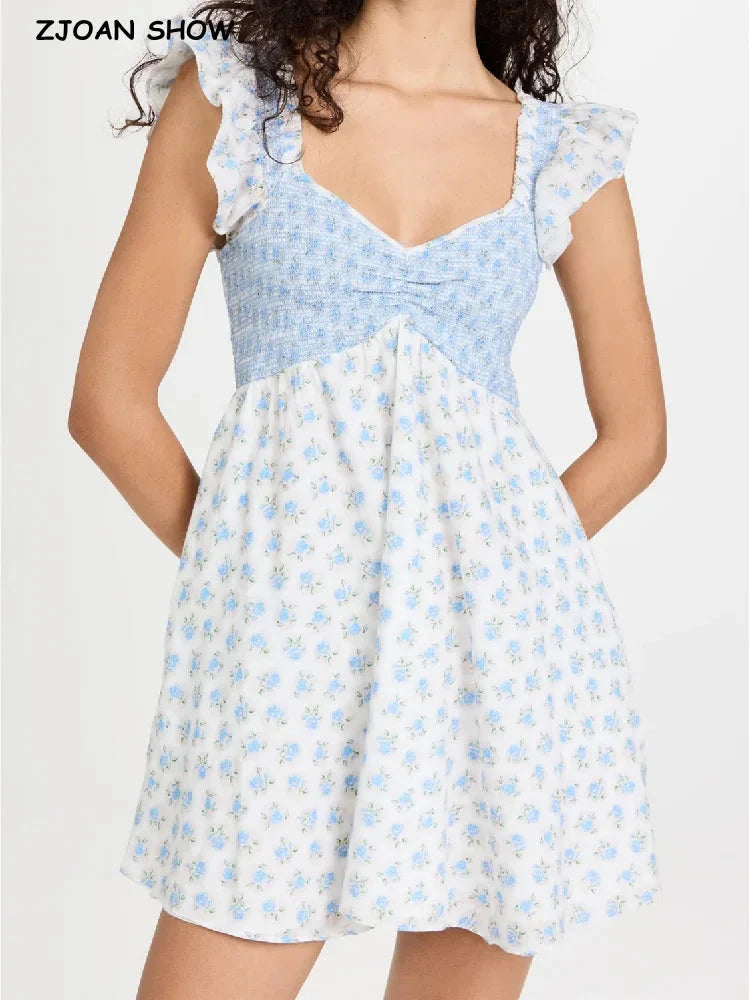 Sexy White Blue Flower Print Ruffle Strap Mini Dress V neck Ruched Elastic Chest Corset Sleeveless Short Tank Robe Holiday Woman