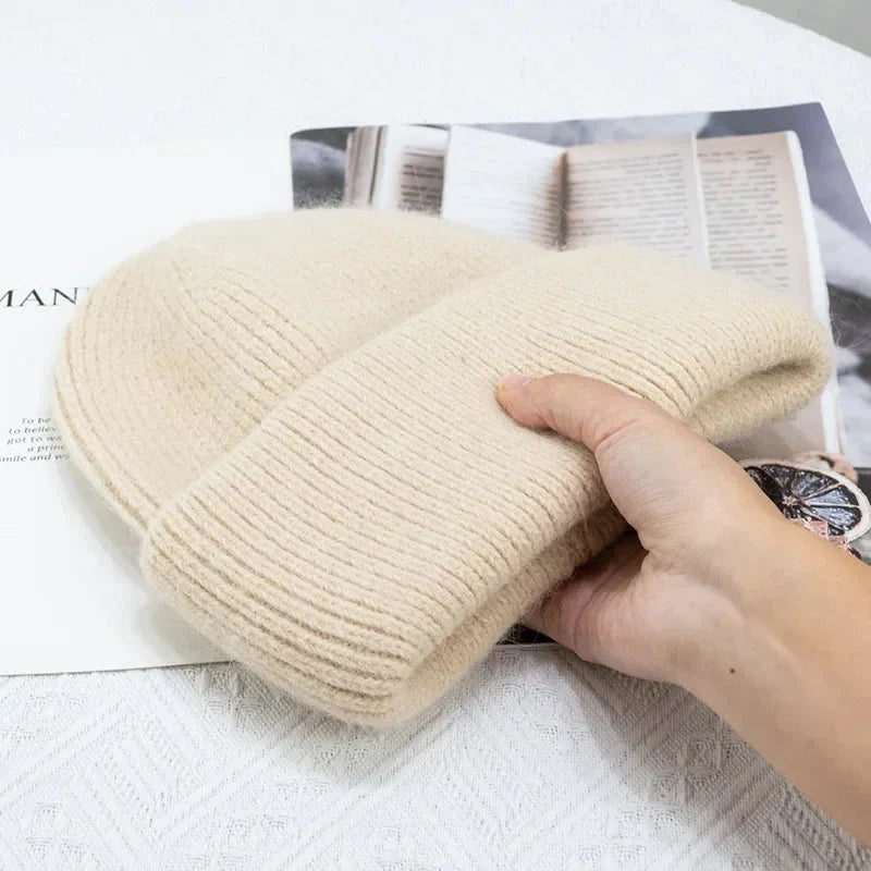 Fashion Warm Skullies Angola Rabbit Fur Winter Knitted Beanies Women Cap Female Three Fold Ski Outdoor Hats