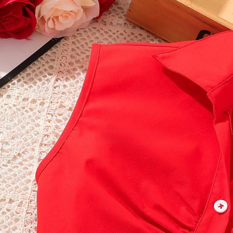 LUXTEEN Red Sleeveless Button Down Dress