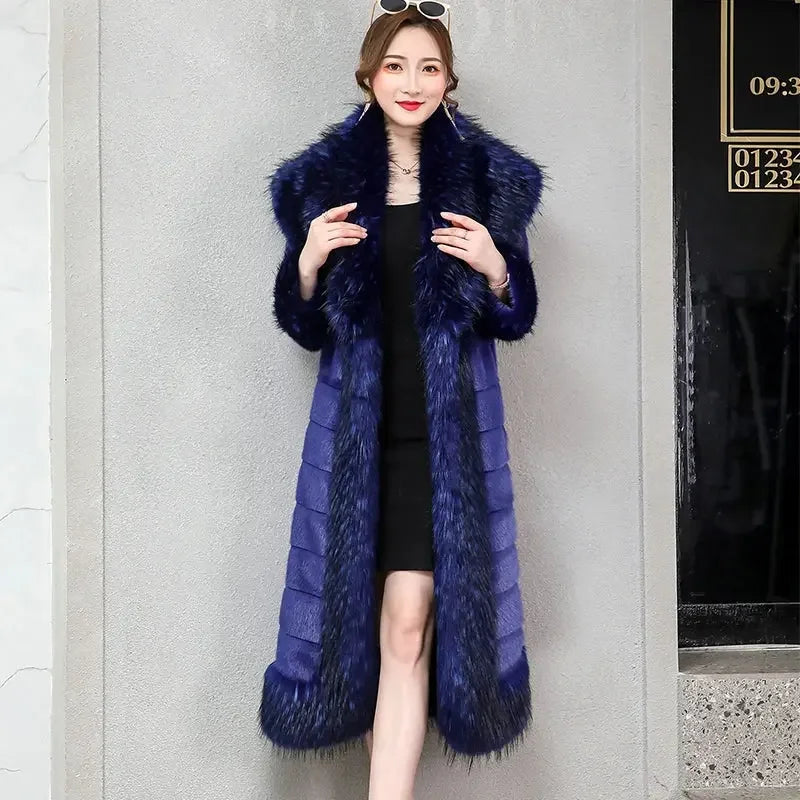 Nerazzurri Winter Long Striped Warm Sapphire Blue Luxury Fluffy Faux Mink Fur Coat with Fox Fur Trim European Overcoat Fashion