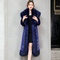 Nerazzurri Winter Long Striped Warm Sapphire Blue Luxury Fluffy Faux Mink Fur Coat with Fox Fur Trim European Overcoat Fashion