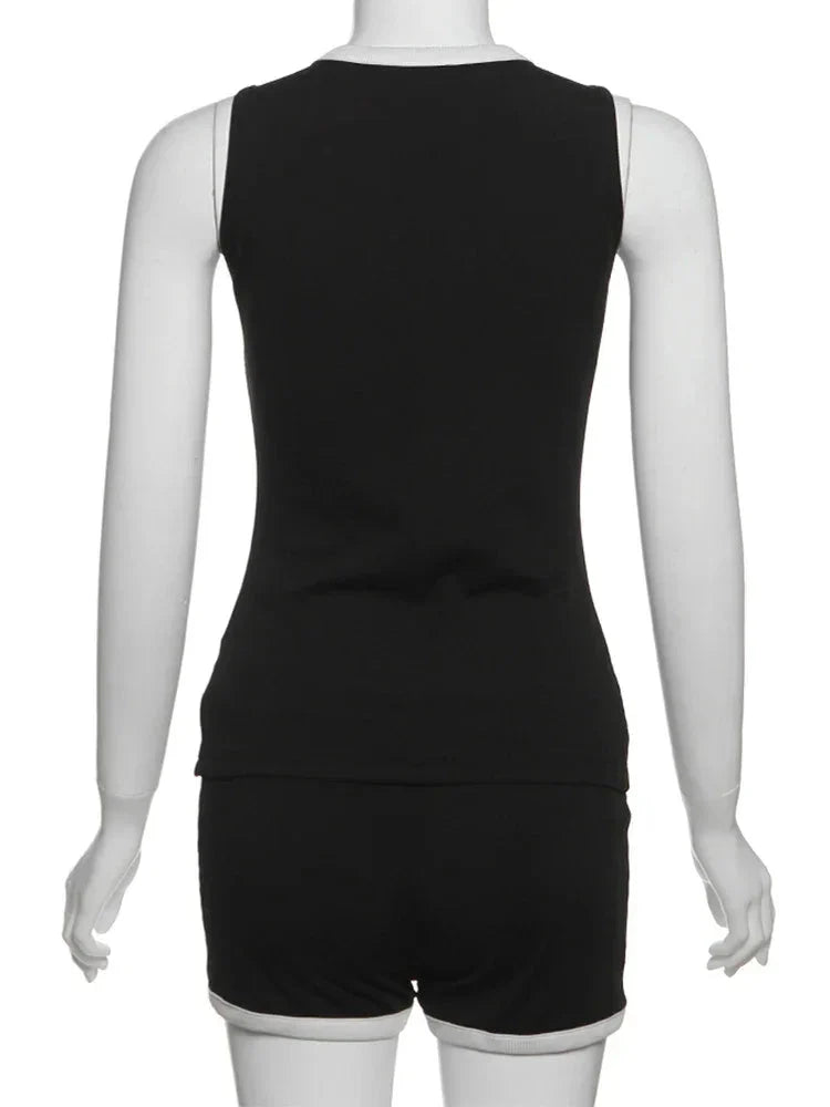 Cutenew Classic Women 2 Piece Set Trend Panelled Single Breasted Sleeveless Tanks+Elastic Waist Shorts Female Matching Outfits