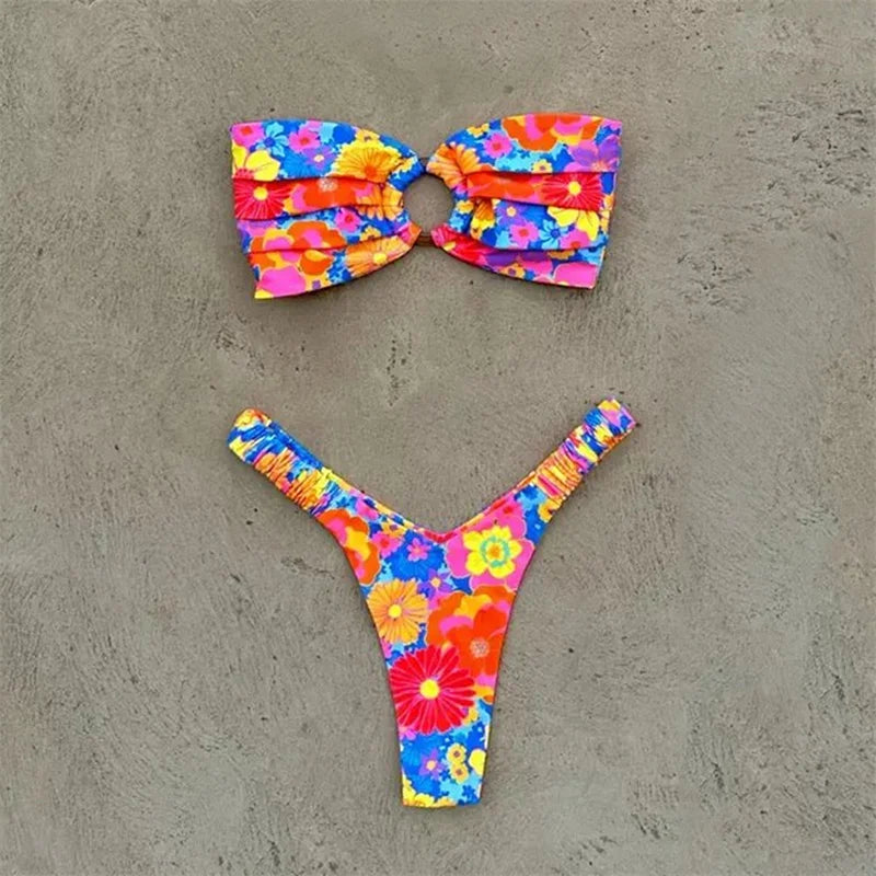 Para Praia Print Bandeau Swimsuit 2023 Sexy Thong Swimwear Women Brazilian Bikini Set Strapless Biquini Beachwear Bathing Suit