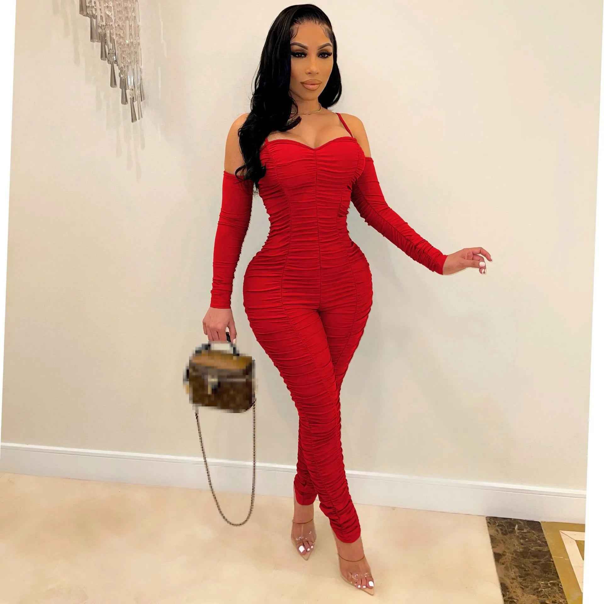 Ruched Long Sleeve : Form Fitted Jumpsuit