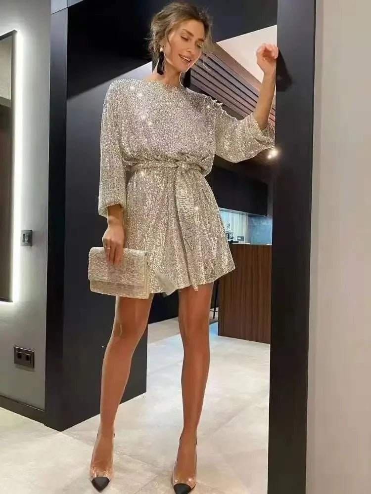 Women Loose Sparkly Prom Dresses 2023 Gold Black Silver Sequin Round Neck Short Party Dress With Belt Elegant Night Club Outfits