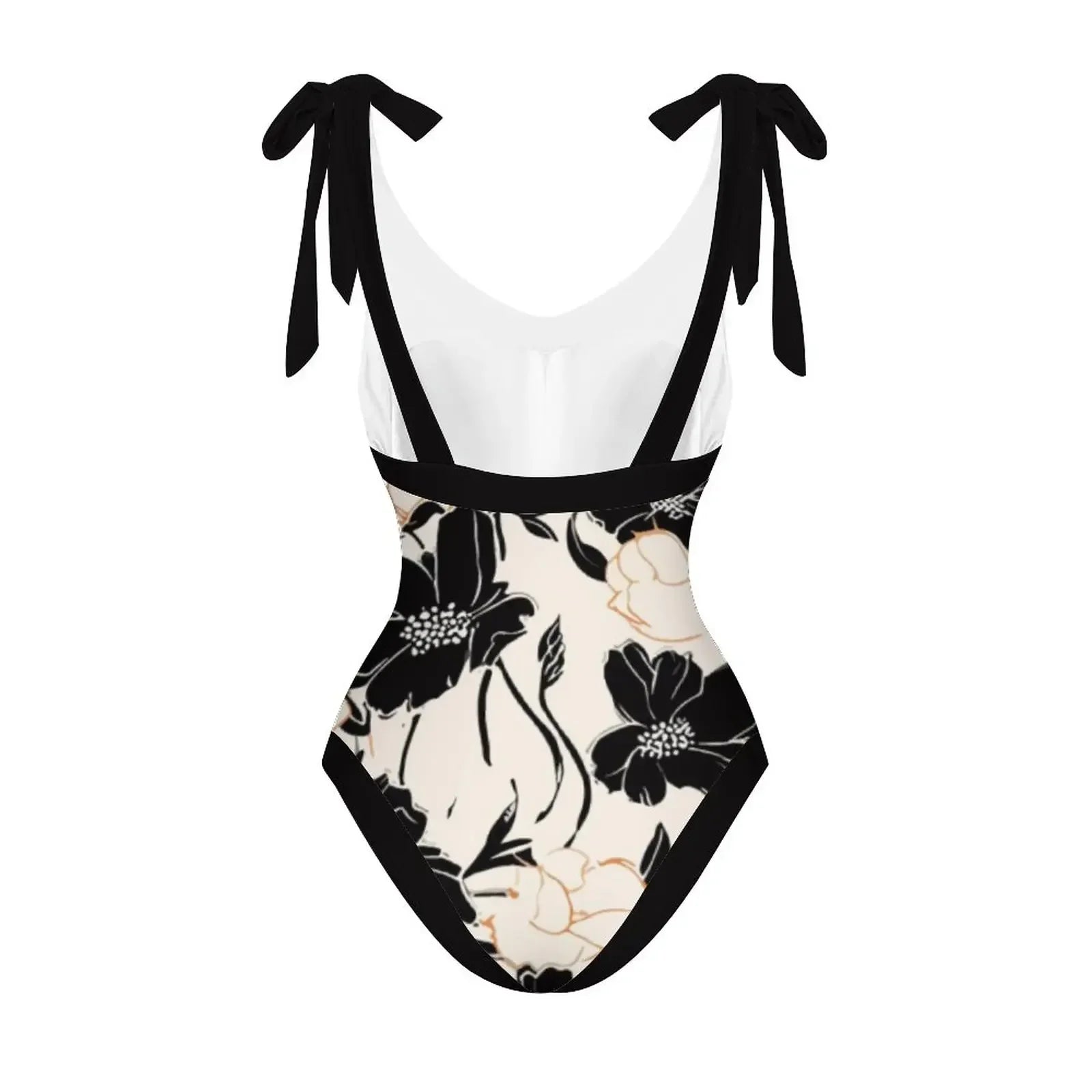 Black & White Flower Print Deep V-Neck Bikini Bow Strap Halter Sexy Swimsuit Plus Size Women 2023 Push-Ups Fashion Summer