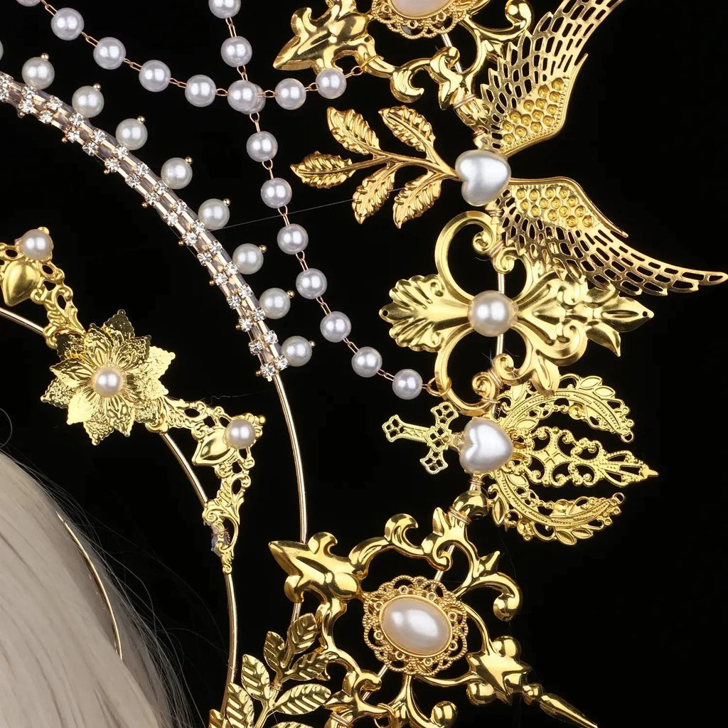 Sun Goddess Angel KC Halo Crown Headpiece Queen Anna Baroque Pearl Tiara Headband Lolita Collection Gothic Accessories