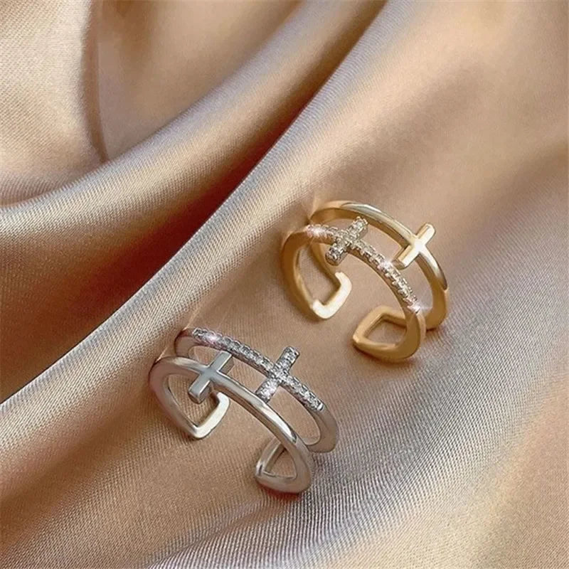 925 Sterling Silver Double Cross Zircon Ring