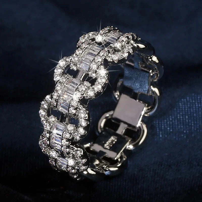 Fashion Luxury Large Row Flashing Zircon Ring Men And Women Hip-Hop Chain Type 925 Stamp Jewelry Wedding Party Birthday Gift