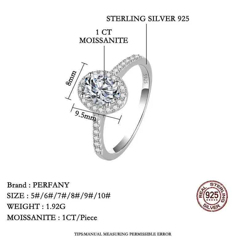 PERFANY 1/2CT Oval Cut Moissanite Ring for Women S925 Pure Silver Shiny Laboratory Certified Diamond Wedding Luxury Jewelry
