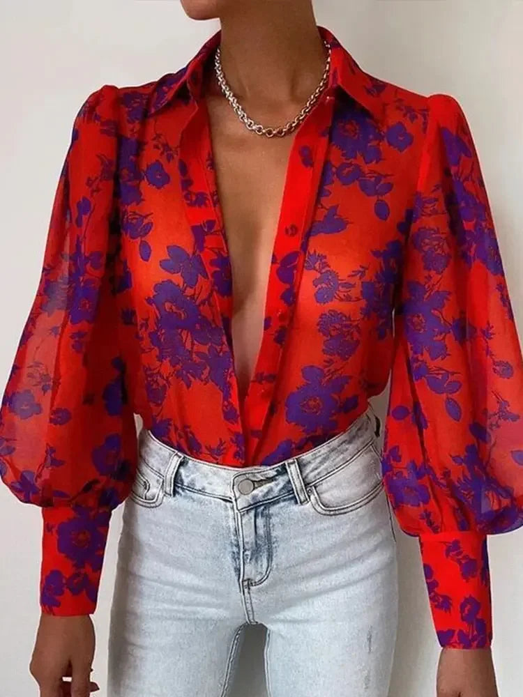 Women's Floral Print Puff Sleeve Shirt Female Elegant Casual V Neck Shirts 2023 Spring Summer Ladies Tops Blouses Vintage Blouse