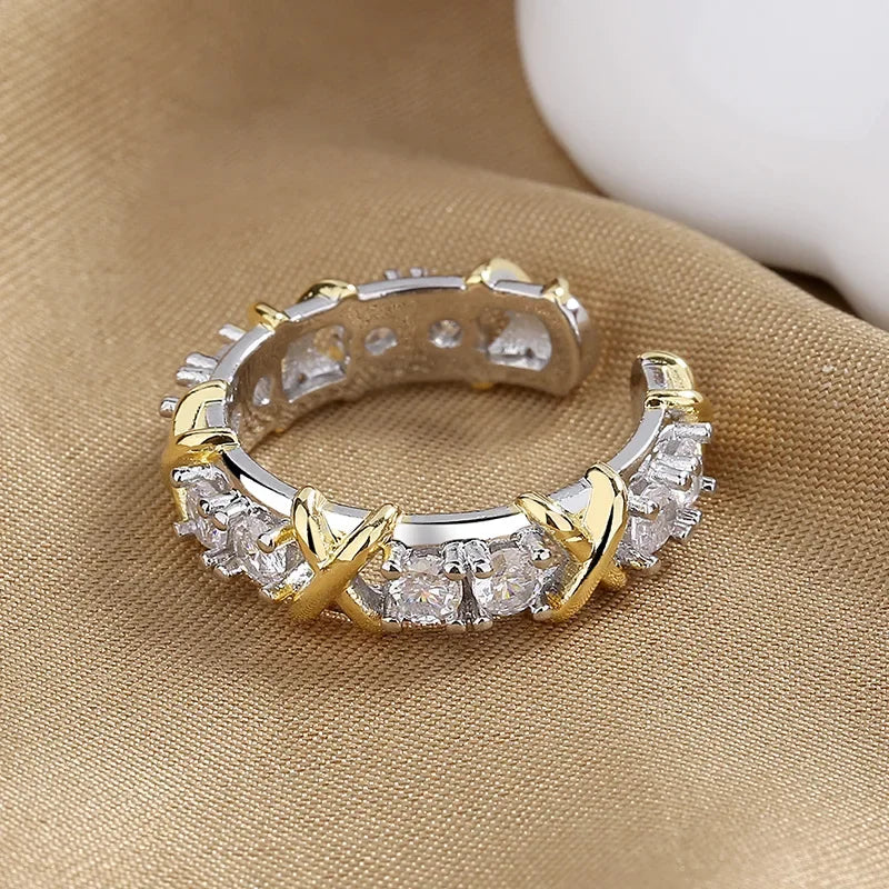 Fashion Letter X Cross Open Ring for Women Girls Clear Geometric Zircon Engagement Rings Wedding Party Jewelry