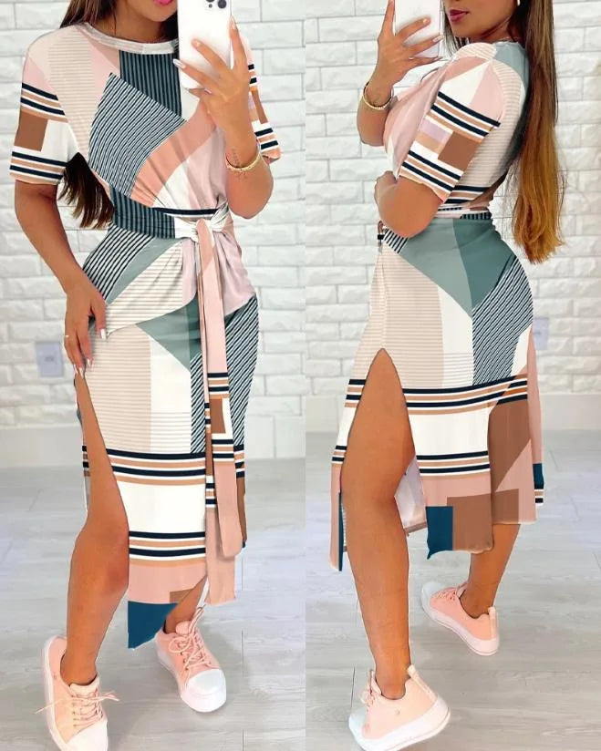 White Leopard Print Dress Tied Detail Slit Side Split Dress