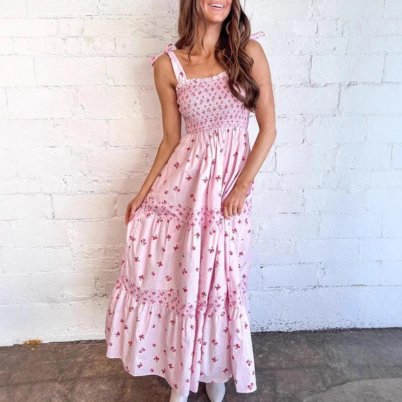 Sweet Elegant Sleeveless Long Dress Floral Print Bow Suspender Beach Dress New Summer Off Shoulder Pleated Party Dress Vestidos