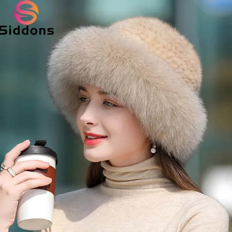 New Genuine Real Natural Knitted Mink Fur Hat Cap Luxury Women Handmade Knit Fashion Winter Headwear Warm Real Fox Fur Beanies