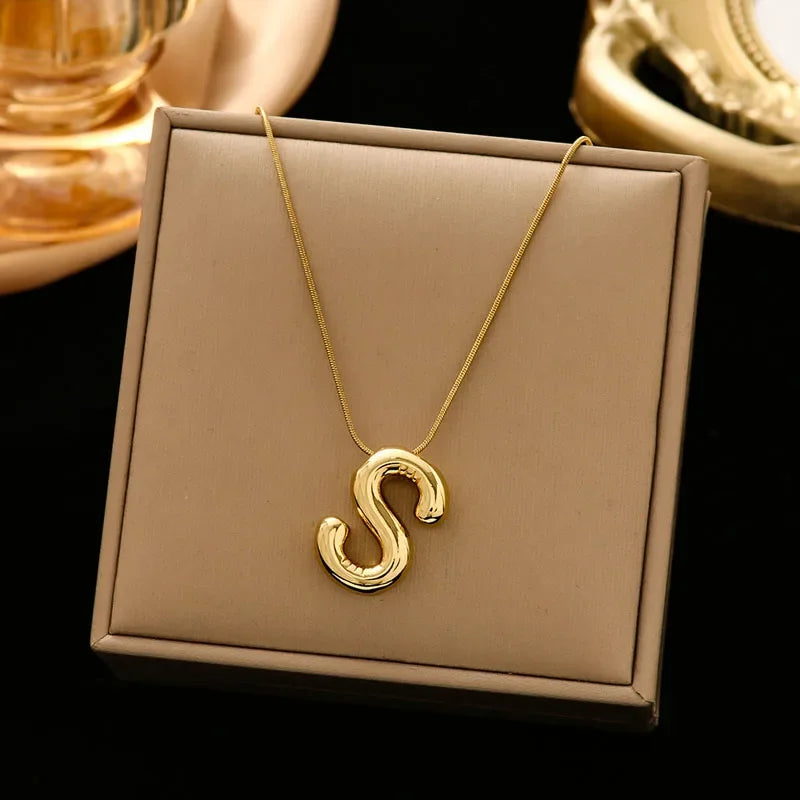 Stainless Steel Chain Gold Plated Letter Necklaces Chunky Alphabet Balloon Bubble Initial Pendant Necklace for Women Men Jewelry