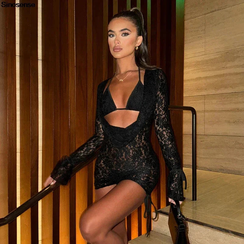 Women Elegant Cocktail Evening Party Mini Dress Sexy See Through Floral Lace Bodycon Dress Y2K Street Date Night Out Club Dress
