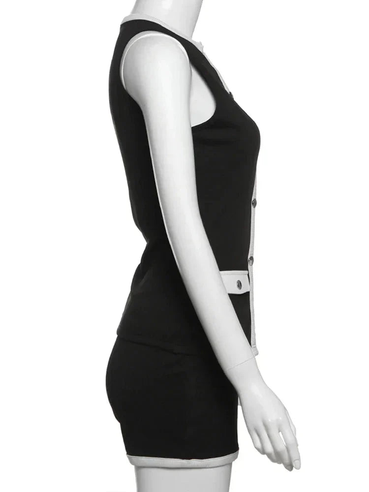 Cutenew Classic Women 2 Piece Set Trend Panelled Single Breasted Sleeveless Tanks+Elastic Waist Shorts Female Matching Outfits