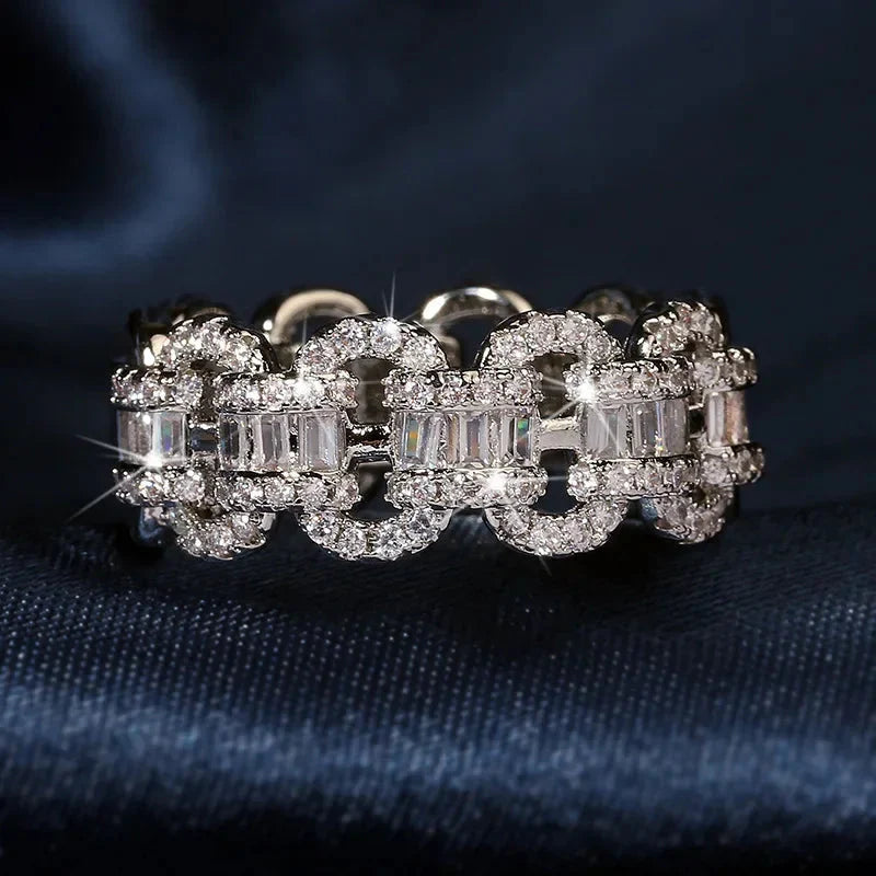 Fashion Luxury Large Row Flashing Zircon Ring Men And Women Hip-Hop Chain Type 925 Stamp Jewelry Wedding Party Birthday Gift