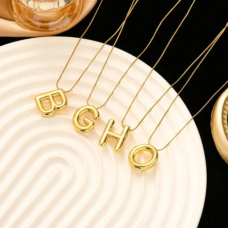 Stainless Steel Chain Gold Plated Letter Necklaces Chunky Alphabet Balloon Bubble Initial Pendant Necklace for Women Men Jewelry