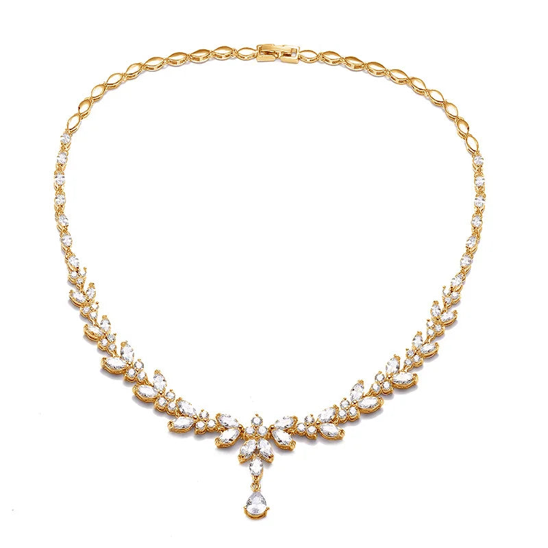 Marquise Cut Cubic Zircon Leaf Bridal Necklace & Earrings