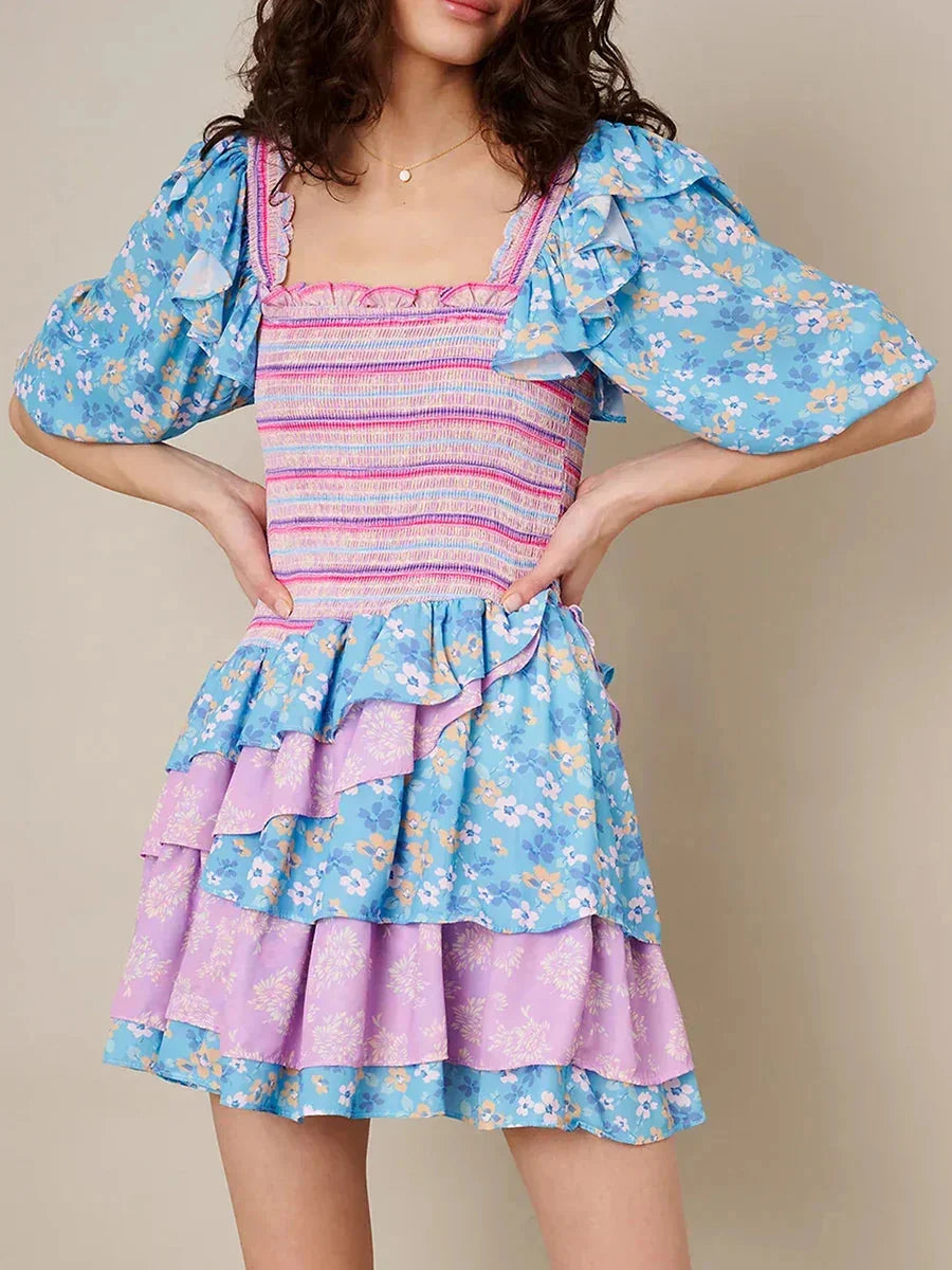 Womens Bohemian Puff Sleeve Dress Boho V-Neck Ruffle Layered Hem Mini Dress Floral Flowy Ruffle Tiered Short Dresses