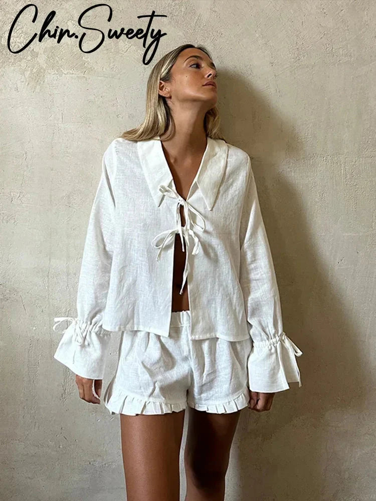 White Bow Lace Up Hollow Out Shirt Shorts Sets Women Loose Long Sleeve Ruffle Short Pant Suit Female 2024 Summer Lady Beach Set