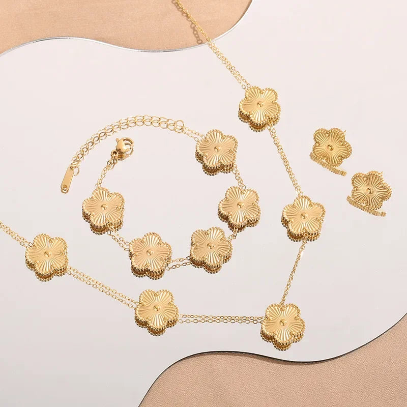 Shining Plum Blossom Plant Five Leaf Flower Plant Jewelry Set Bracelet Necklace Earrings Women's Stainless Steel Clover