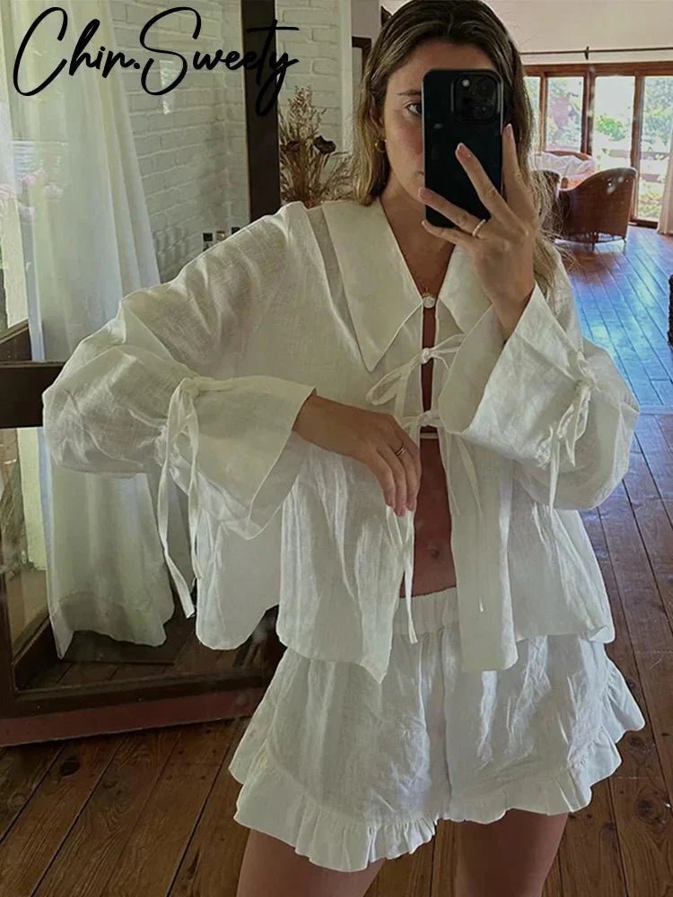 White Bow Lace Up Hollow Out Shirt Shorts Sets Women Loose Long Sleeve Ruffle Short Pant Suit Female 2024 Summer Lady Beach Set