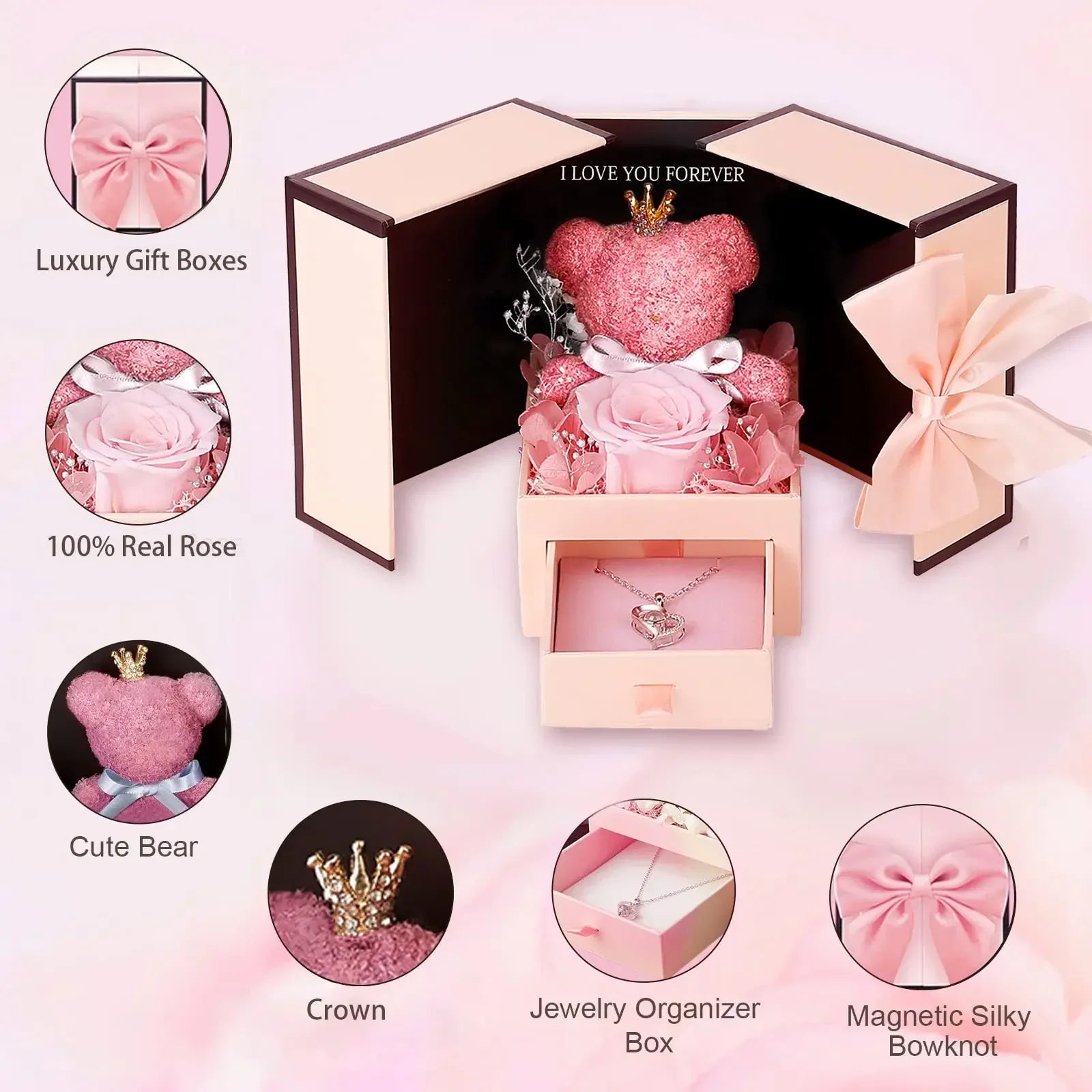 Eternal Rose Bear Box with Necklace