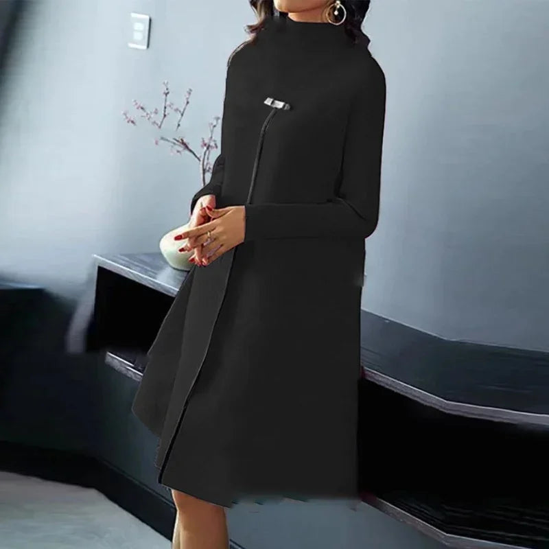 New Autumn Winter Women Long Sleeved High Split Design Dress Female Flower Printed Loose A-Line Dress Lady Half Turtleneck Dress
