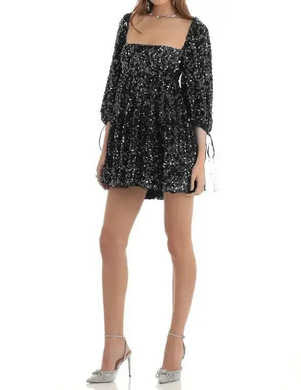 New Fashion Sexy Sequin Short Sleeve Square Neck Solid Color Slim Fit Dress For Women,5 Colors